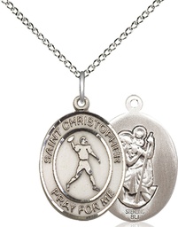 [8151SS/18SS] Sterling Silver Saint Christopher Football Pendant on a 18 inch Sterling Silver Light Curb chain