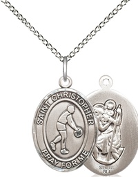 [8153SS/18SS] Sterling Silver Saint Christopher Basketball Pendant on a 18 inch Sterling Silver Light Curb chain