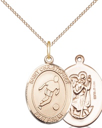 [8154GF/18GF] 14kt Gold Filled Saint Christopher Soccer Pendant on a 18 inch Gold Filled Light Curb chain