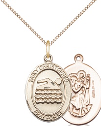 [8157GF/18GF] 14kt Gold Filled Saint Christopher Swimming Pendant on a 18 inch Gold Filled Light Curb chain