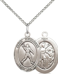 [8161SS/18SS] Sterling Silver Saint Sebastian Football Pendant on a 18 inch Sterling Silver Light Curb chain