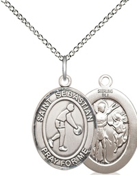 [8163SS/18SS] Sterling Silver Saint Sebastian Basketball Pendant on a 18 inch Sterling Silver Light Curb chain