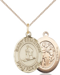 [8169GF/18GF] 14kt Gold Filled Saint Sebastian Skiing Pendant on a 18 inch Gold Filled Light Curb chain