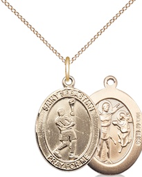 [8174GF/18GF] 14kt Gold Filled Saint Sebastian Lacrosse Pendant on a 18 inch Gold Filled Light Curb chain