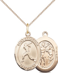 [8183GF/18GF] 14kt Gold Filled Saint Sebastian  Softball Pendant on a 18 inch Gold Filled Light Curb chain