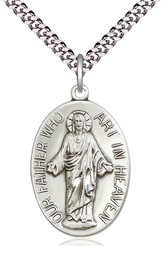 [4216SS/24S] Sterling Silver Our Father Pendant on a 24 inch Light Rhodium Heavy Curb chain