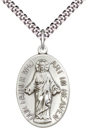 [4216SS/24S] Sterling Silver Our Father Pendant on a 24 inch Light Rhodium Heavy Curb chain