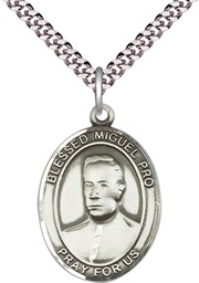 [7389SS/24S] Sterling Silver Blessed Miguel Pro Pendant on a 24 inch Light Rhodium Heavy Curb chain