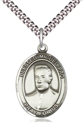 [7389SS/24S] Sterling Silver Blessed Miguel Pro Pendant on a 24 inch Light Rhodium Heavy Curb chain
