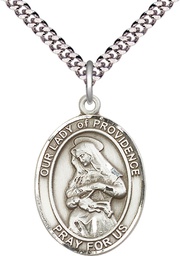 [7087SS/24S] Sterling Silver Our Lady of Providence Pendant on a 24 inch Light Rhodium Heavy Curb chain