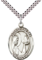 [7101SS/24S] Sterling Silver Our Lady Star of the Sea Pendant on a 24 inch Light Rhodium Heavy Curb chain