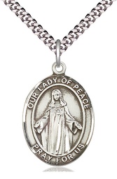 [7245SS/24S] Sterling Silver Our Lady of Peace Pendant on a 24 inch Light Rhodium Heavy Curb chain