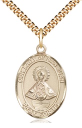 [7263GF/24G] 14kt Gold Filled Our Lady of San Juan Pendant on a 24 inch Gold Plate Heavy Curb chain