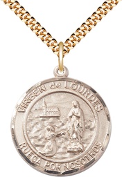 [7288RDSPGF/24G] 14kt Gold Filled Virgen de Lourdes Pendant on a 24 inch Gold Plate Heavy Curb chain