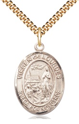 [7288SPGF/24G] 14kt Gold Filled Virgen de Lourdes Pendant on a 24 inch Gold Plate Heavy Curb chain