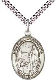 [7288SS/24S] Sterling Silver Our Lady of Lourdes Pendant on a 24 inch Light Rhodium Heavy Curb chain