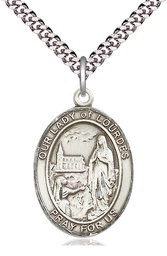 [7288SS/24S] Sterling Silver Our Lady of Lourdes Pendant on a 24 inch Light Rhodium Heavy Curb chain