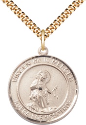 [7289RDSPGF/24G] 14kt Gold Filled Virgen de la Merce Pendant on a 24 inch Gold Plate Heavy Curb chain