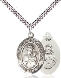 [7421SS/24S] Sterling Silver Our Lady of Czestochowa Pendant on a 24 inch Light Rhodium Heavy Curb chain