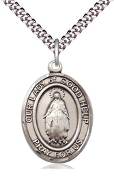 [7431SS/24S] Sterling Silver Our Lady Of Good Help Pendant on a 24 inch Light Rhodium Heavy Curb chain