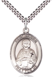 [7404SS/24S] Sterling Silver Saint Gerald Pendant on a 24 inch Light Rhodium Heavy Curb chain