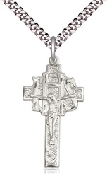 [0099SS/24S] Sterling Silver Crucifix-IHS Pendant on a 24 inch Light Rhodium Heavy Curb chain
