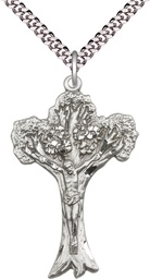 [0633SS/24S] Sterling Silver Tree of Life Crucifix Pendant on a 24 inch Light Rhodium Heavy Curb chain
