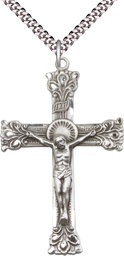 [0641SS/24S] Sterling Silver Crucifix Pendant on a 24 inch Light Rhodium Heavy Curb chain