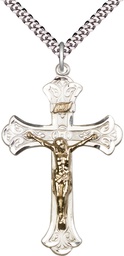 [2642GF/SS/24S] Two-Tone GF/SS Crucifix Pendant on a 24 inch Light Rhodium Heavy Curb chain