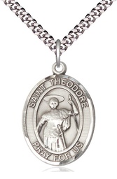 [7415SS/24S] Sterling Silver Saint Theodore Stratelates Pendant on a 24 inch Light Rhodium Heavy Curb chain