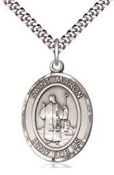 [7417SS/24S] Sterling Silver Saint Maron Pendant on a 24 inch Light Rhodium Heavy Curb chain