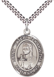 [7438SS/24S] Sterling Silver Saint Kateri Tekakwitha Pendant on a 24 inch Light Rhodium Heavy Curb chain