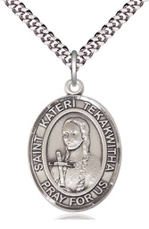 [7438SS/24S] Sterling Silver Saint Kateri Tekakwitha Pendant on a 24 inch Light Rhodium Heavy Curb chain