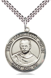 [7073RDSS/24S] Sterling Silver Saint Maximilian Kolbe Pendant on a 24 inch Light Rhodium Heavy Curb chain