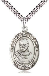 [7073SS/24S] Sterling Silver Saint Maximilian Kolbe Pendant on a 24 inch Light Rhodium Heavy Curb chain