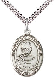 [7073SS/24S] Sterling Silver Saint Maximilian Kolbe Pendant on a 24 inch Light Rhodium Heavy Curb chain