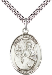 [7074SS/24S] Sterling Silver Saint Matthew the Apostle Pendant on a 24 inch Light Rhodium Heavy Curb chain