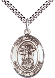 [7076SPSS/24S] Sterling Silver San Miguel Arcangel Pendant on a 24 inch Light Rhodium Heavy Curb chain