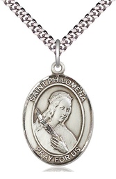 [7077SS/24S] Sterling Silver Saint Philomena Pendant on a 24 inch Light Rhodium Heavy Curb chain