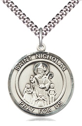 [7080RDSS/24S] Sterling Silver Saint Nicholas Pendant on a 24 inch Light Rhodium Heavy Curb chain