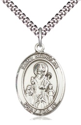 [7080SS/24S] Sterling Silver Saint Nicholas Pendant on a 24 inch Light Rhodium Heavy Curb chain