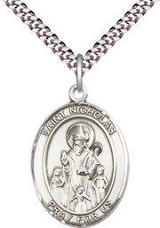 [7080SS/24S] Sterling Silver Saint Nicholas Pendant on a 24 inch Light Rhodium Heavy Curb chain