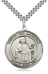 [7083RDSS/24S] Sterling Silver Philip the Apostle Pendant on a 24 inch Light Rhodium Heavy Curb chain