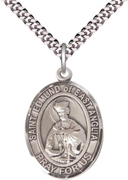 [7445SS/24S] Sterling Silver Saint Edmund of East Anglia Pendant on a 24 inch Light Rhodium Heavy Curb chain