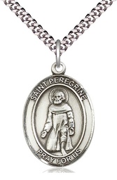 [7088SS/24S] Sterling Silver Saint Peregrine Laziosi Pendant on a 24 inch Light Rhodium Heavy Curb chain
