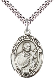 [7089SS/24S] Sterling Silver Saint Martin de Porres Pendant on a 24 inch Light Rhodium Heavy Curb chain