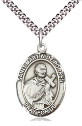 [7089SS/24S] Sterling Silver Saint Martin de Porres Pendant on a 24 inch Light Rhodium Heavy Curb chain