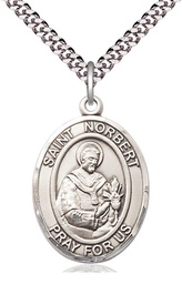 [7447SS/24S] Sterling Silver Saint Norbert of Xanten Pendant on a 24 inch Light Rhodium Heavy Curb chain