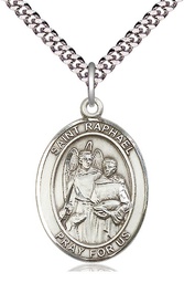 [7092SS/24S] Sterling Silver Saint Raphael the Archangel Pendant on a 24 inch Light Rhodium Heavy Curb chain