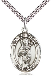 [7099SS/24S] Sterling Silver Saint Scholastica Pendant on a 24 inch Light Rhodium Heavy Curb chain